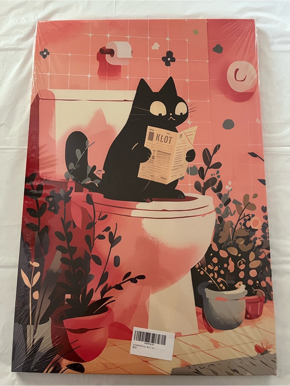 Black Cat Illustration Wall Art - Coral Bathroom Scene